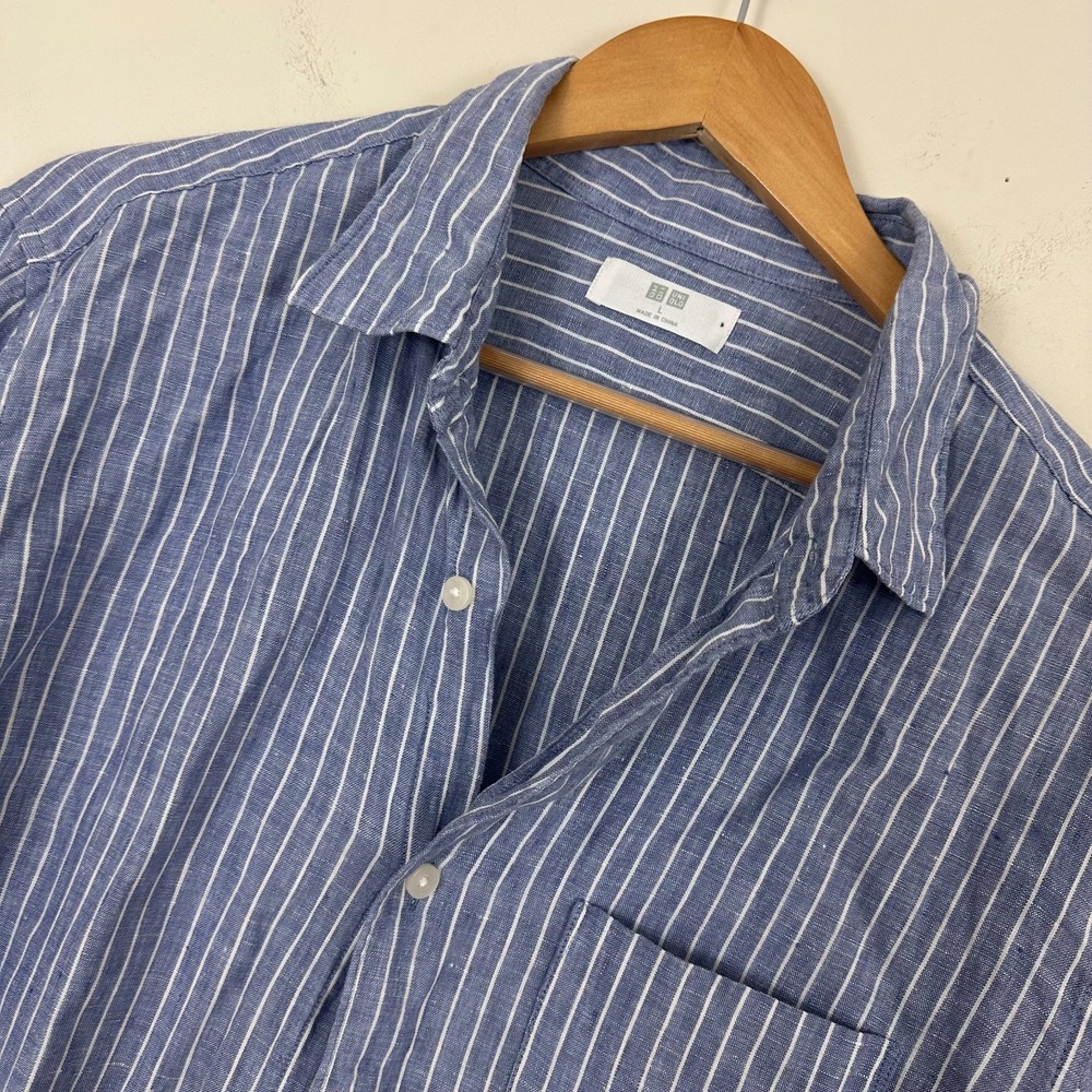 Uniqlo Shirt Blue White Linen Striped Casual Button Up Mens Large 331-467505